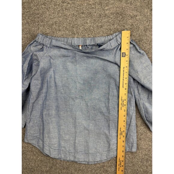 Free People Off Shoulder Blouse Womens XS Chambray Linen Cotton Tie 3/4 Sleeve - Picture 4 of 8
